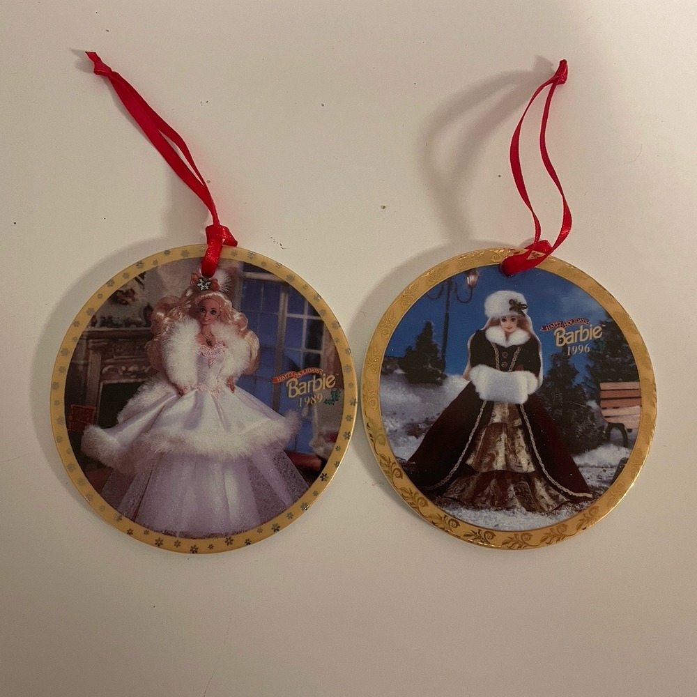 Vintage 1989 And 1996 Enesco‎ Mattel Barbie Happy Holidays Christmas Ornament